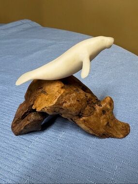 John Perry Sculpture Manatee On Burl Wood 3.5”